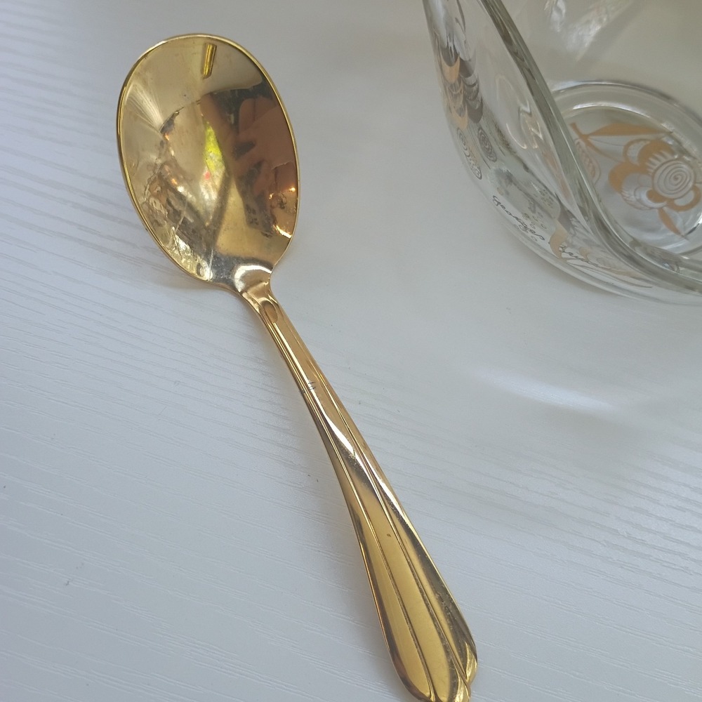 MCM Georges Briard Gold Floral Glass Bowl Jacobean Flowers W/ Gold Spoon - Picture 8 of 16
